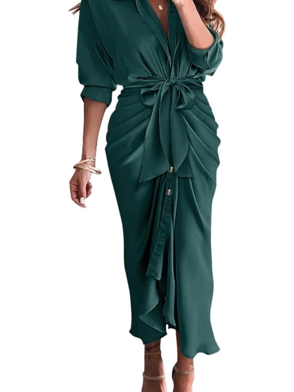 Elegant Dark Green Midi Wrap Dress with Front Tie
